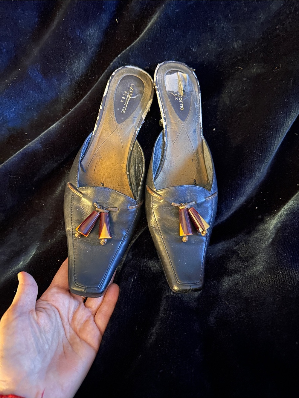 Liz Claiborne Black Leather Slip-On Mules with Multi-Tone Tassels